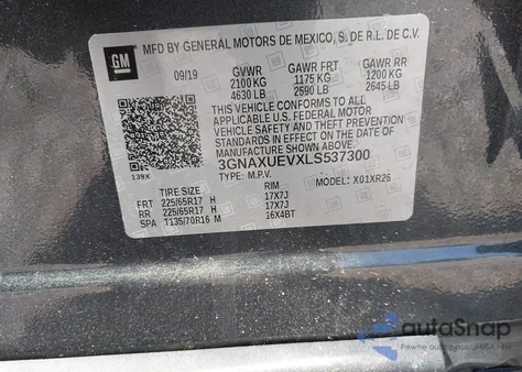 2020 Chevrolet Equinox Awd Lt 1.5L Turbo из США, поврежденный, VIN 3GNAXUEVXLS537300